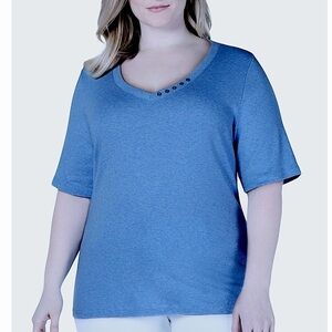 Karen Scott 100% Cotton Tee V Neck Elbow Sleeve Embellished Solid Blue Plus 2X